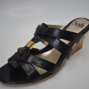 SOFFT BLACK LEATHER SLIP‎ ON WEDGE SANDALS SZ 8.5